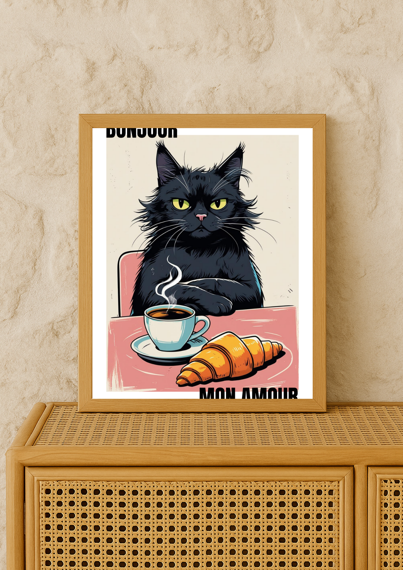 Affiche Chat Bonjour Mon Amour A4 – Poster Chat & Café | Déco Murale Cuisine
