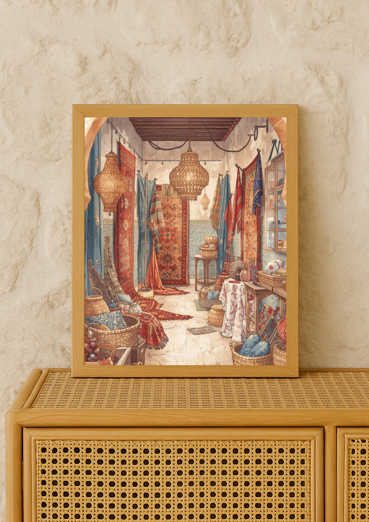 Affiche souk oriental – boutique de tapis et lanternes bohème, décoration murale