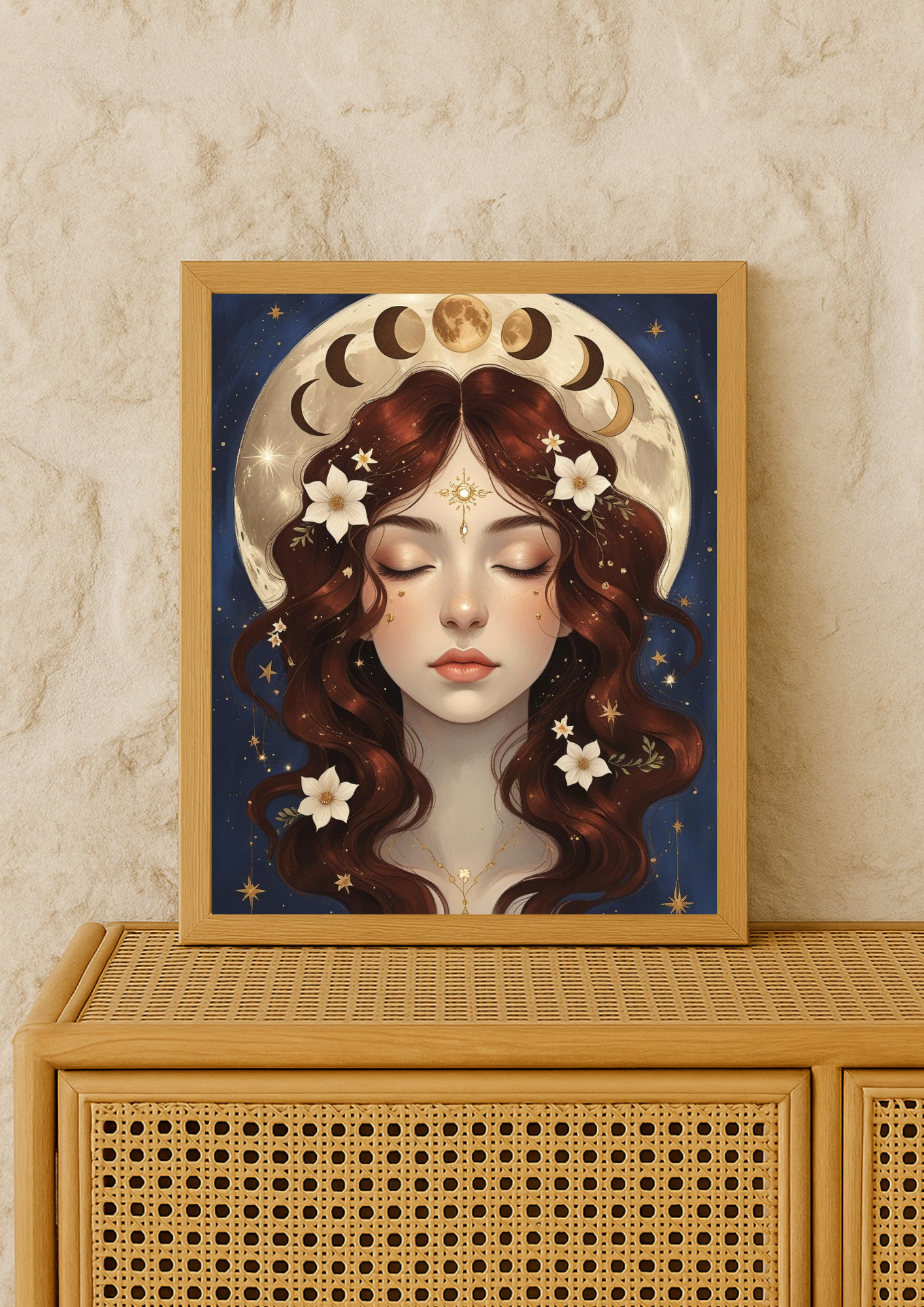 Affiche décorative femme lunaire – Phases de la lune – Art mural bohème spirituel