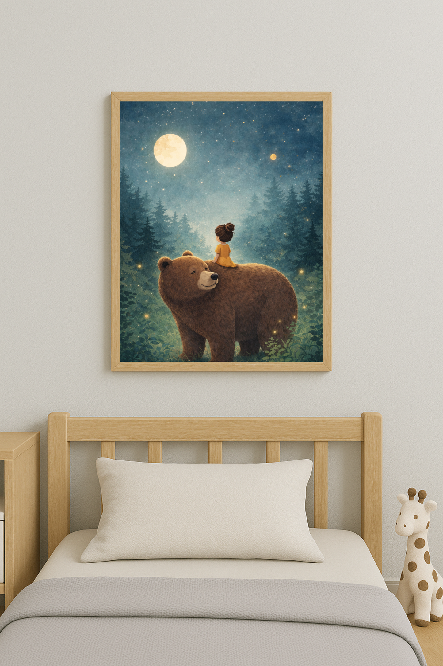 Affiche enfant fille et ours sous la lune – illustration chambre bébé - Univers poétique et minimaliste