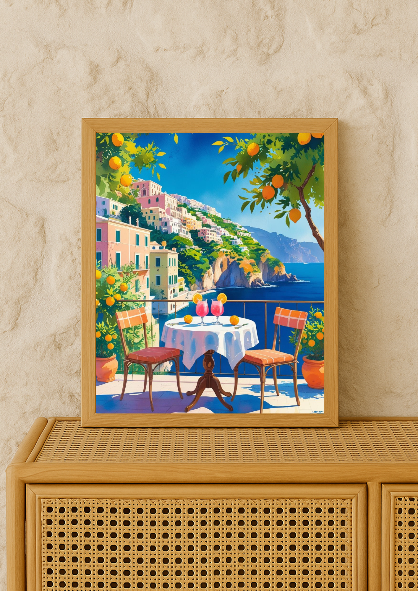 Affiche terrasse méditerranéenne – Vue mer et orangers – Décoration murale