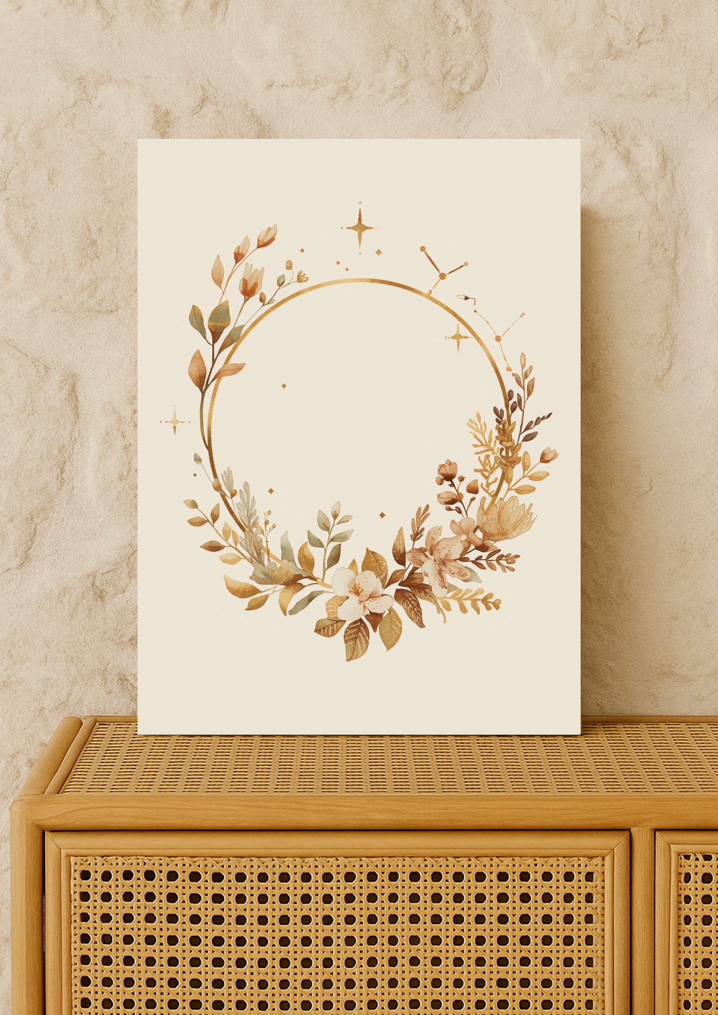 Affiche couronne florale dorée – décoration murale bohème minimaliste
