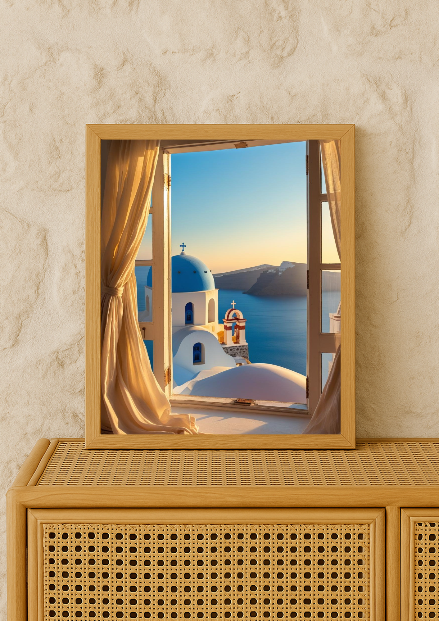 Affiche fenêtre sur Santorin au coucher de soleil – vue mer Égée