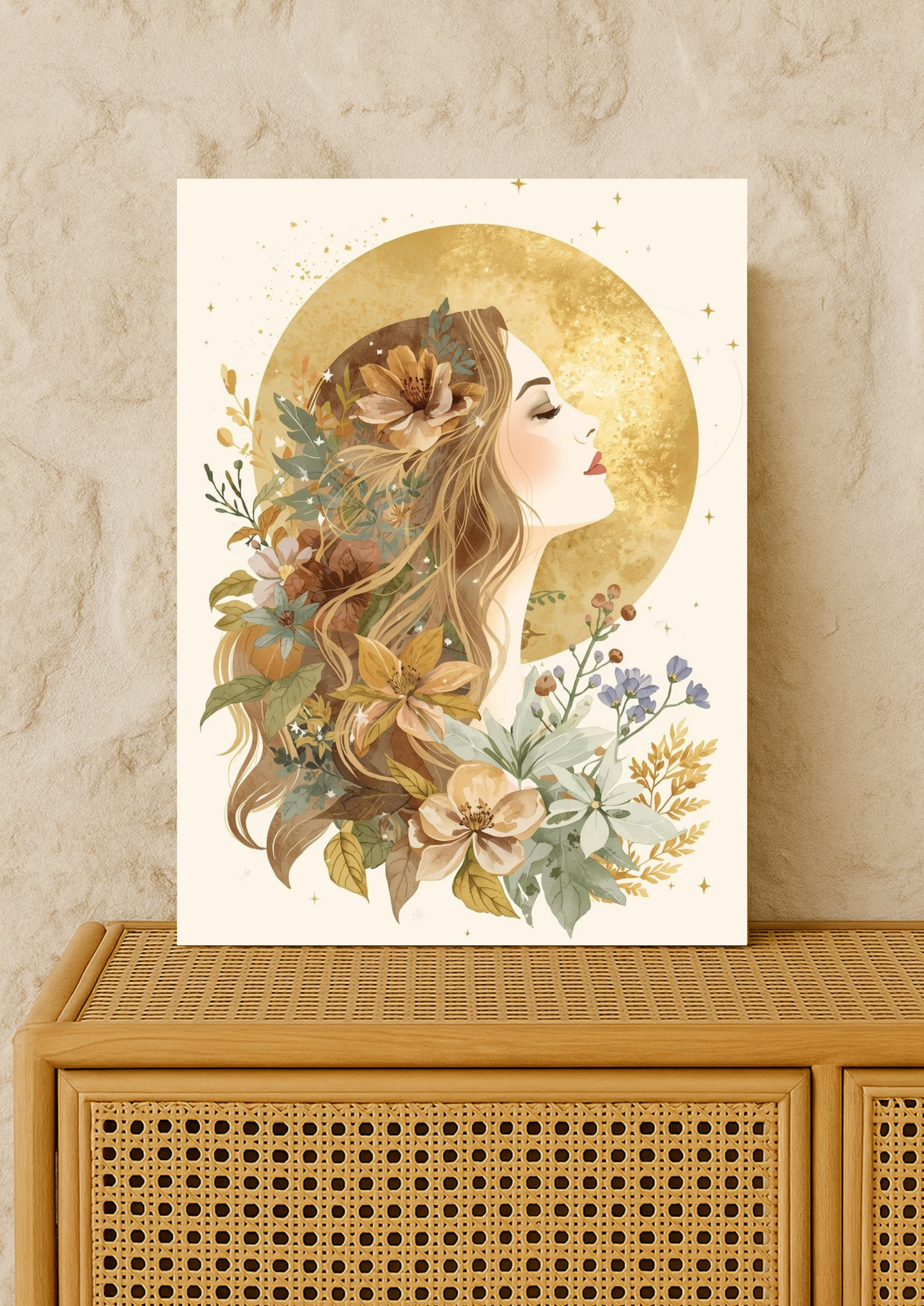Affiche femme bohème lune dorée - Affiche féminin sacré - art mural mystique floral