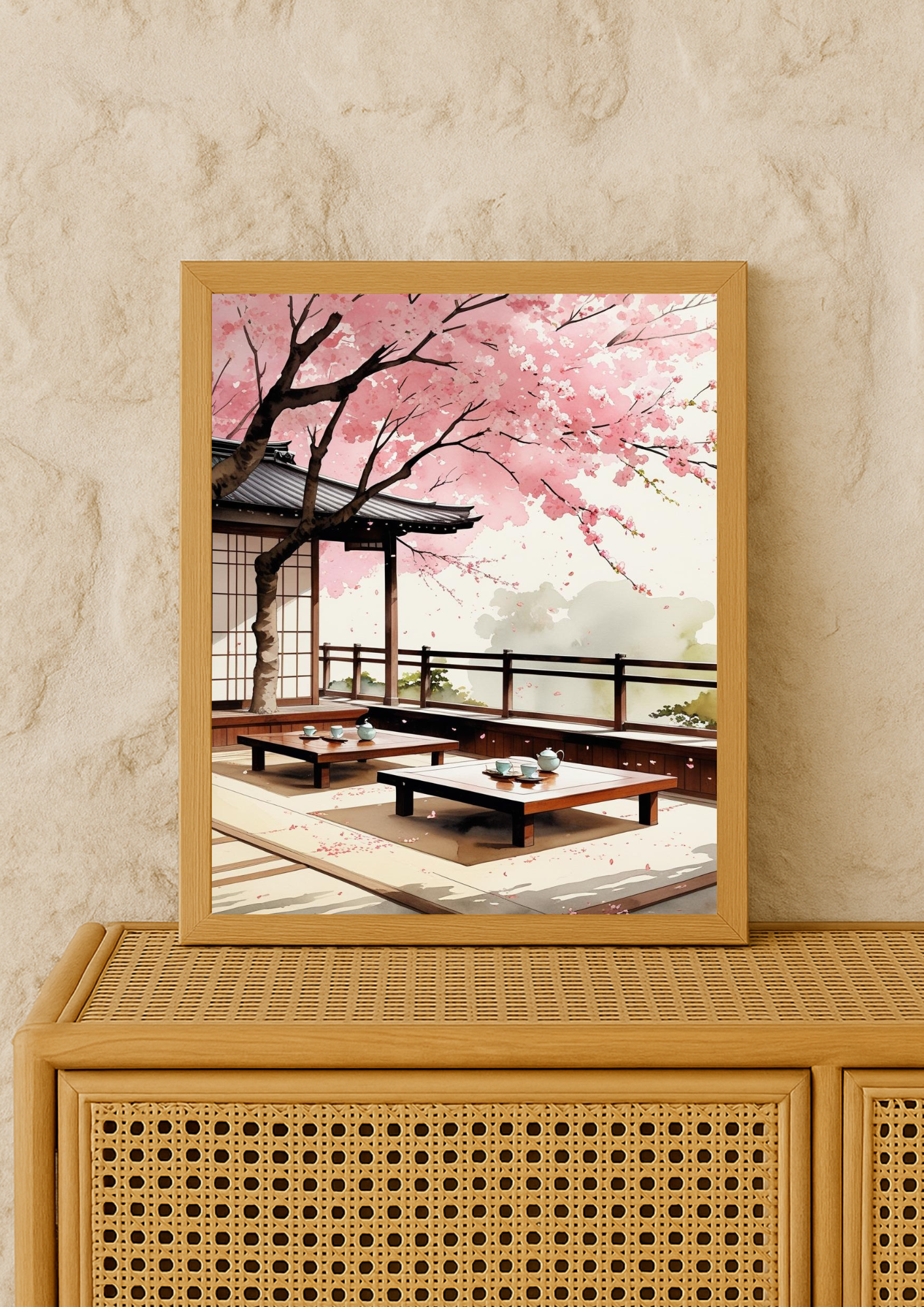 Affiche Kyoto - Terrasse Japonaise - Fleurs de cerisier