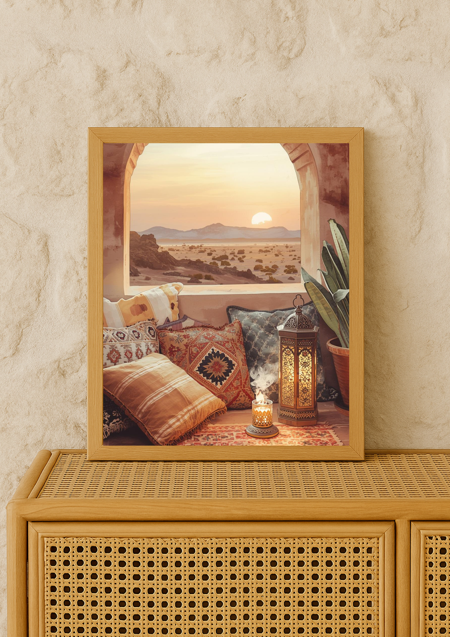 Affiche désert oriental au coucher de soleil – ambiance riad et lanterne