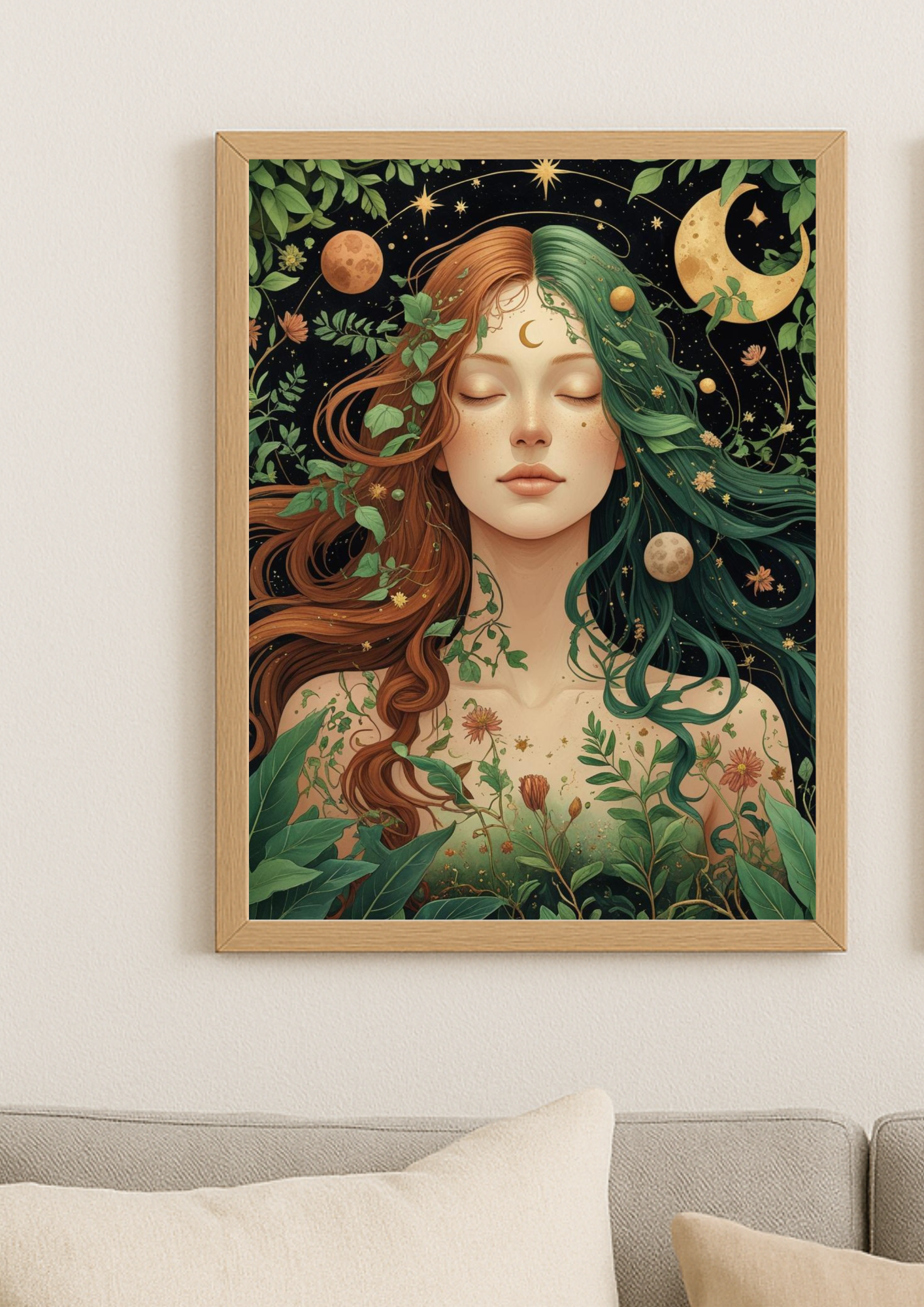 Affiche femme mystique nature – Illustration lunaire bohème
