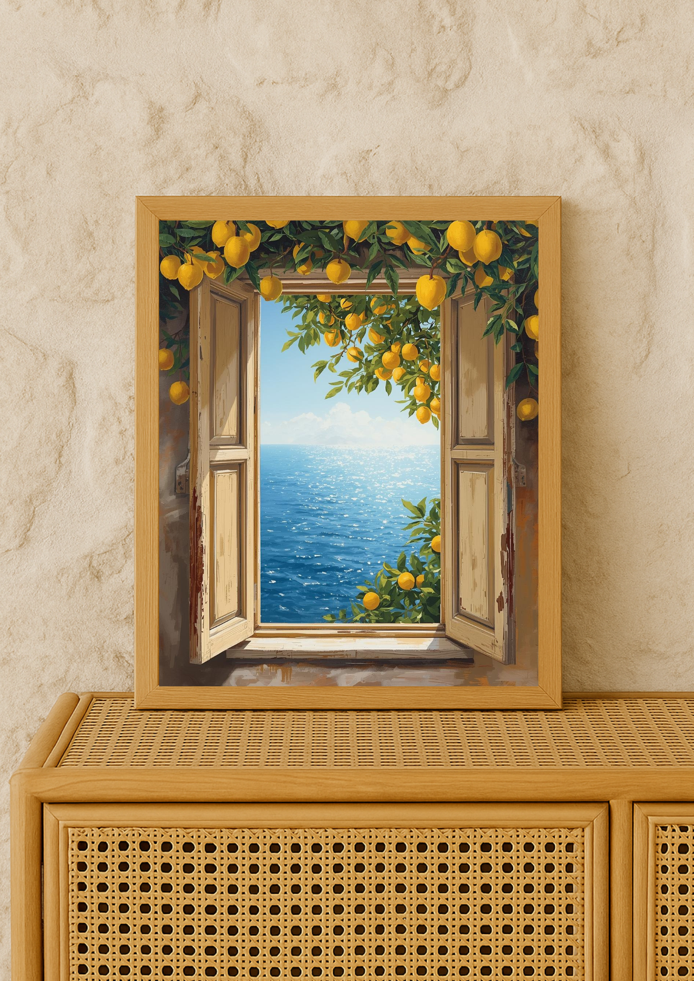 Affiche fenêtre ouverte sur la mer et citronniers – paysage méditerranéen