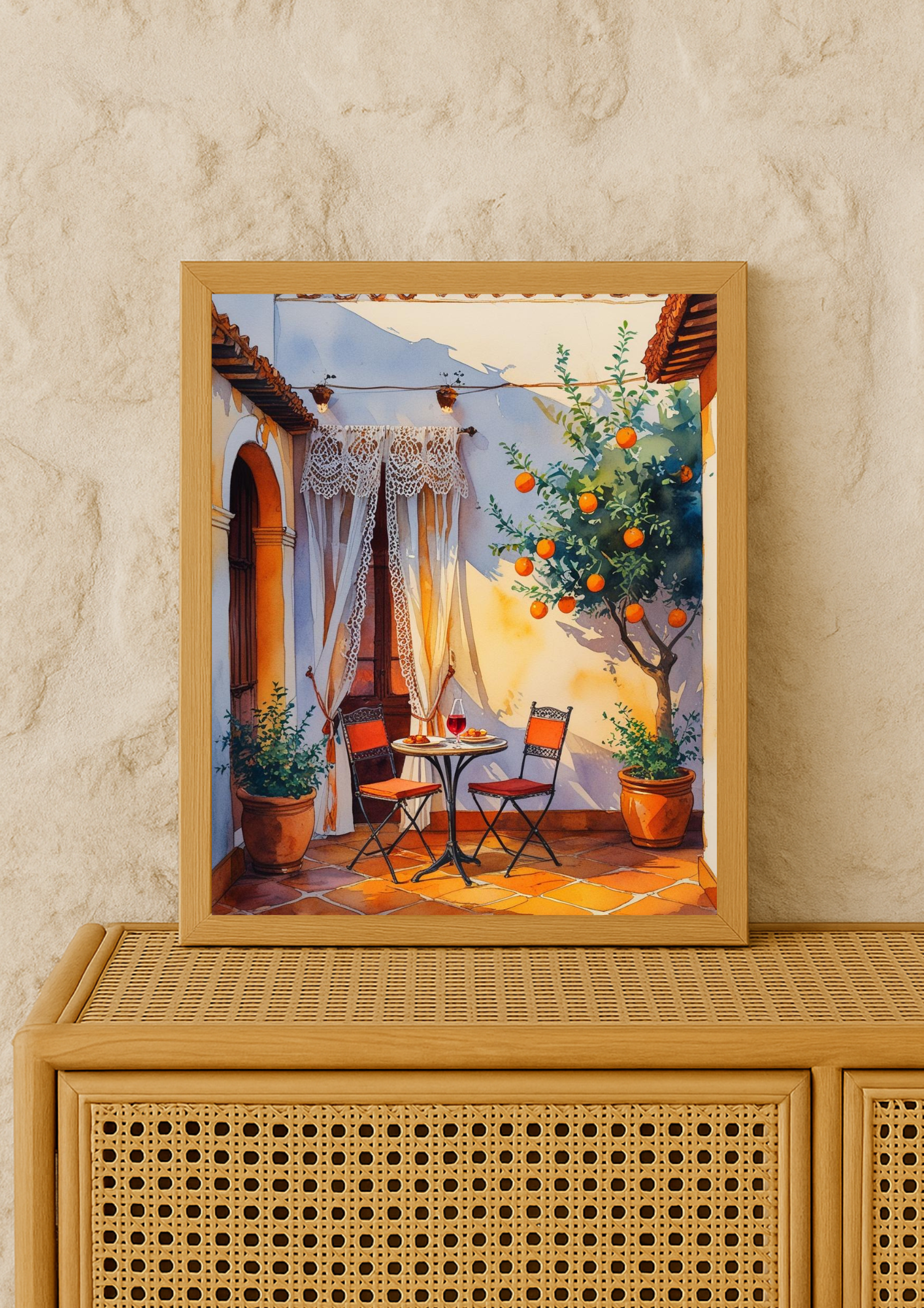 Affiche cour méditerranéenne – Oranger et terrasse ensoleillée – Décoration murale