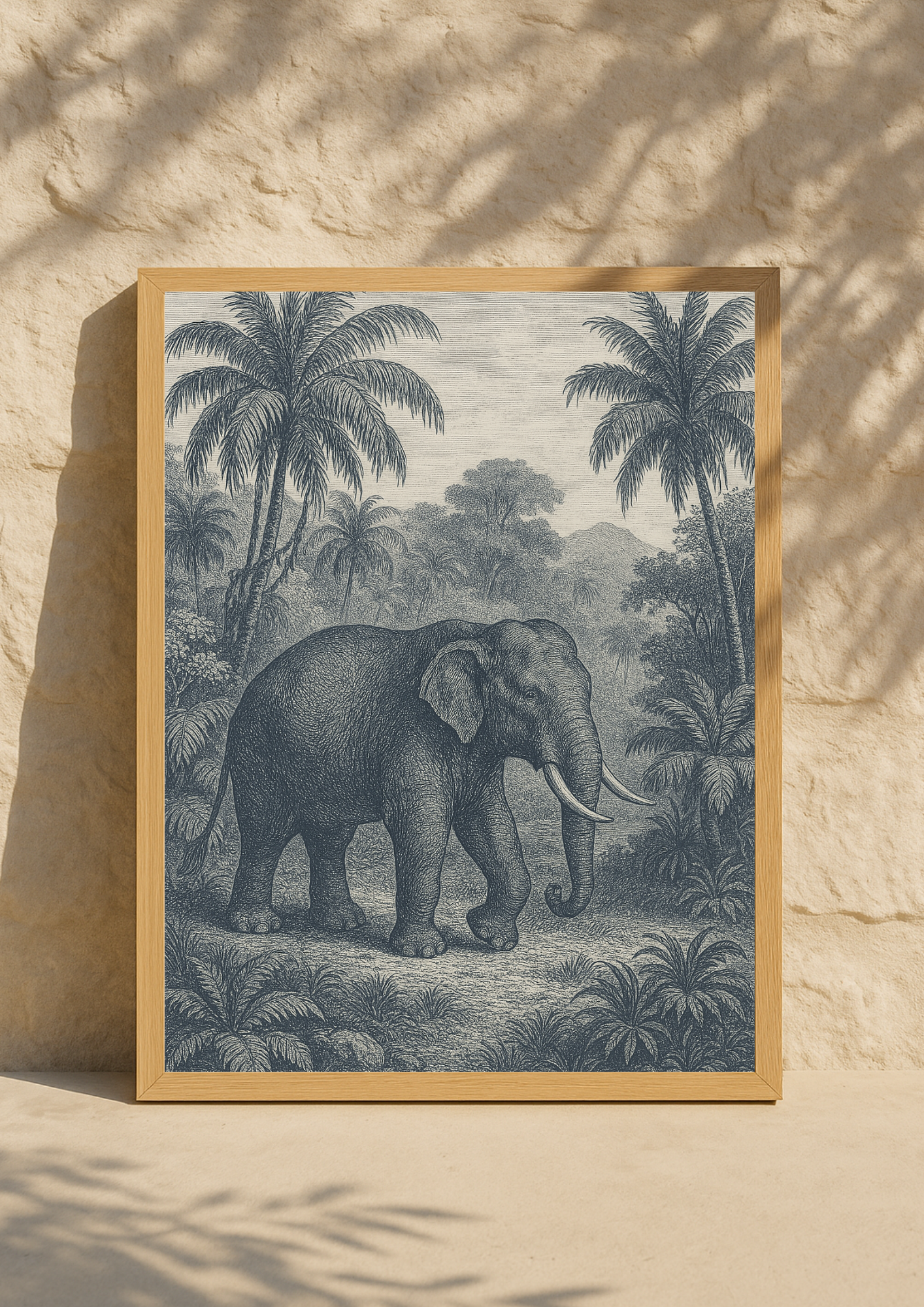 Affiche éléphant tropical style gravure ancienne – décoration murale safari – décoration murale tropical