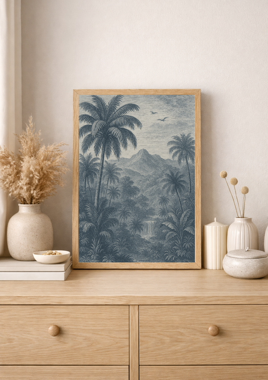 Affiche jungle exotique style gravure ancienne – paysage tropical – décoration murale safari