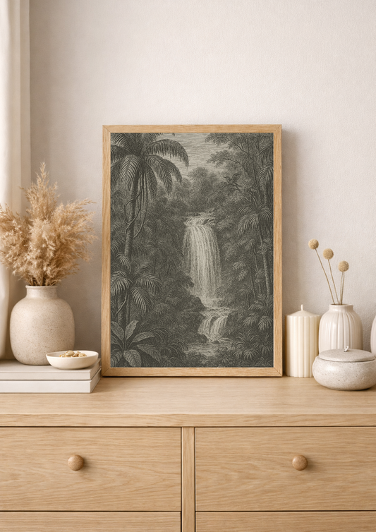 Affiche cascade exotique style gravure ancienne – paysage jungle – tropical – décoration murale safari