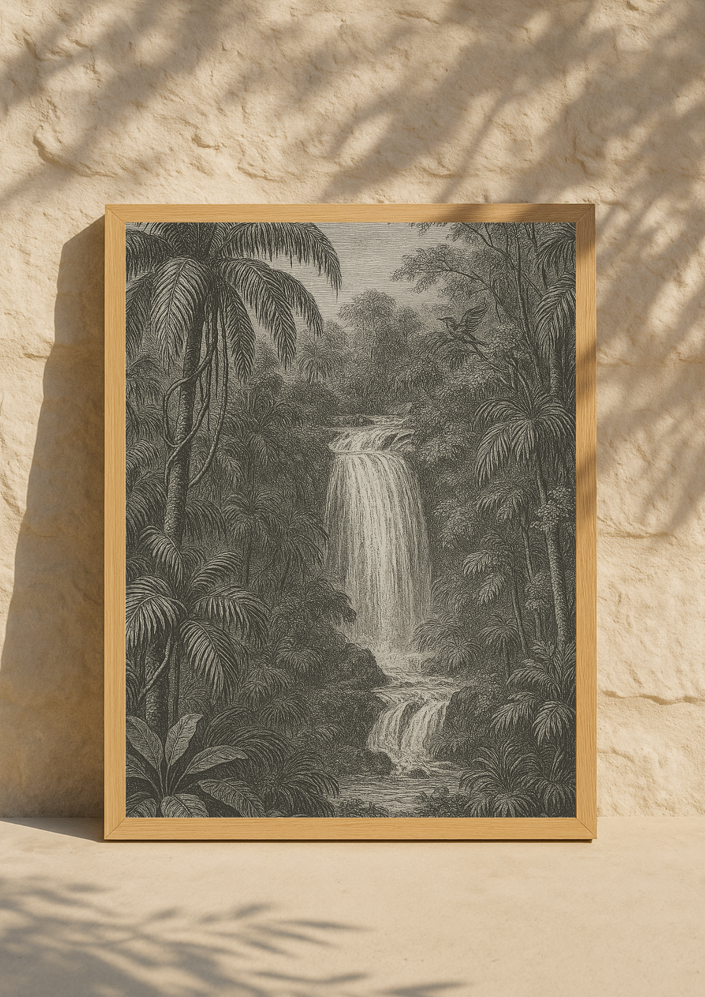 Affiche cascade exotique style gravure ancienne – paysage jungle – tropical – décoration murale safari