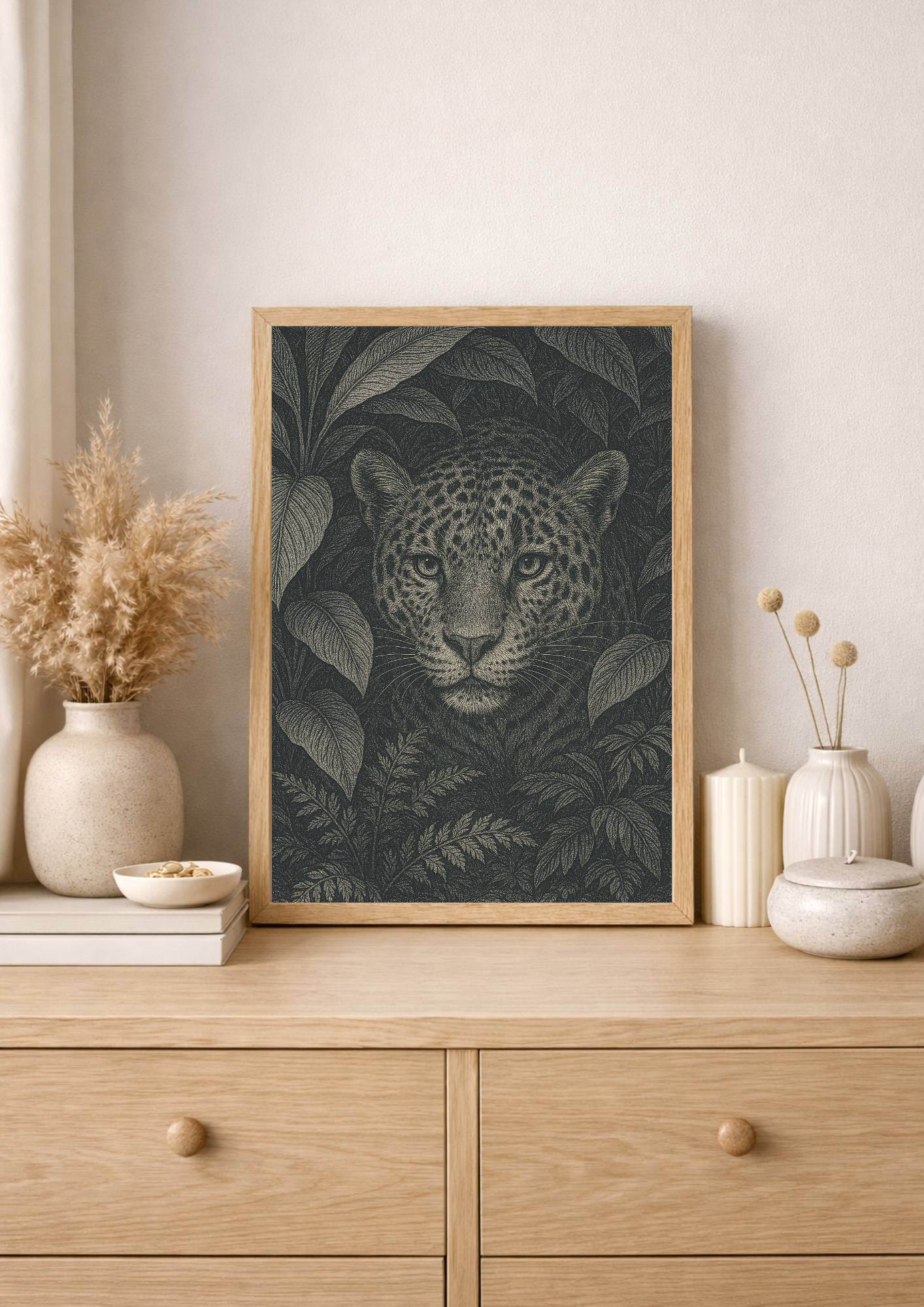 Affiche léopard tropical style gravure ancienne – jungle sauvage - forêt tropical