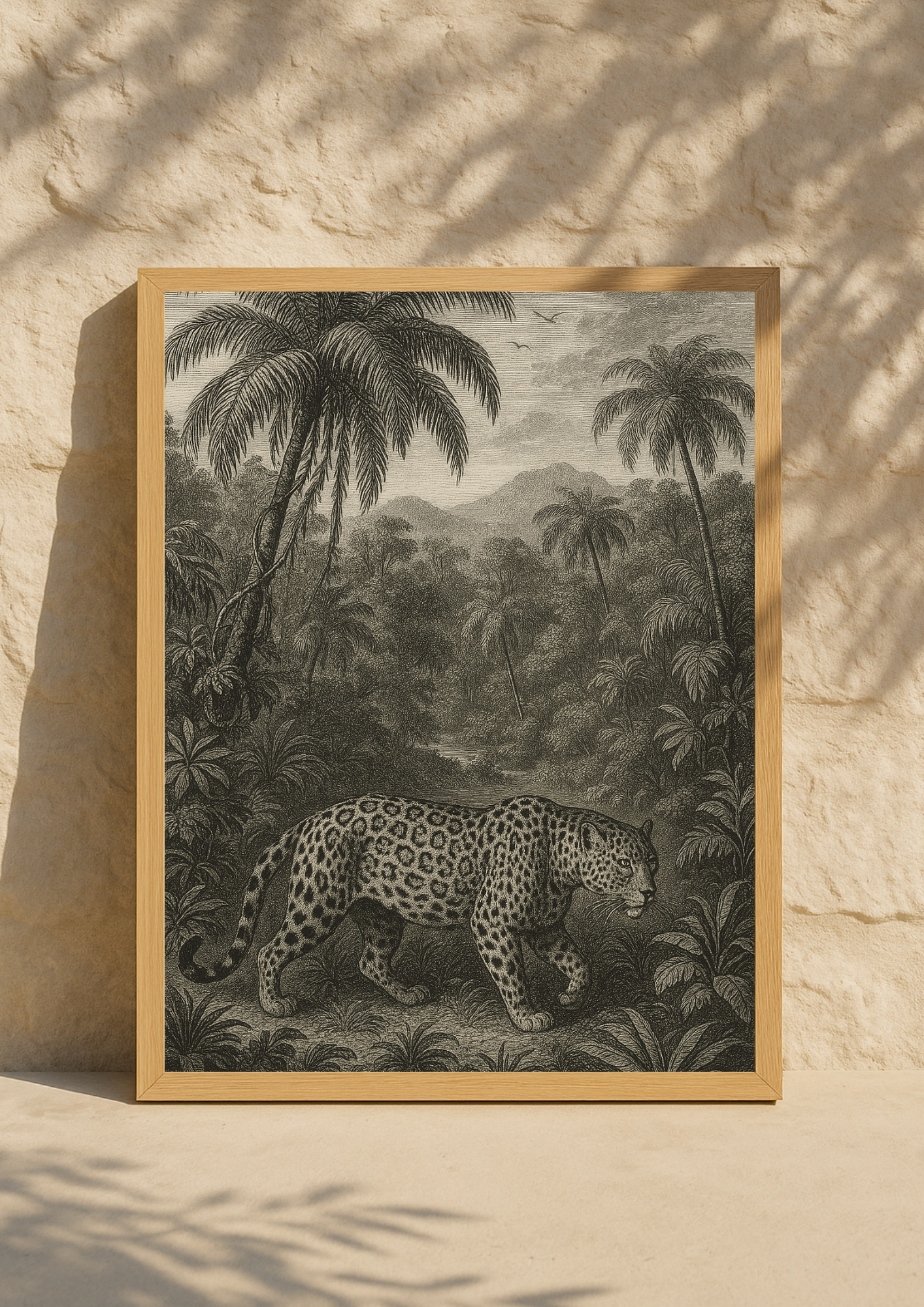 Affiche léopard sauvage style gravure ancienne – décoration murale jungle – jungle sauvage - forêt tropical