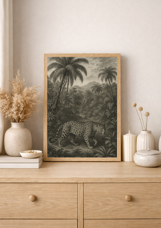 Affiche léopard sauvage style gravure ancienne – décoration murale jungle – jungle sauvage - forêt tropical