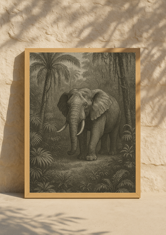 Affiche éléphant tropical style gravure ancienne – animal sauvage – jungle sauvage - forêt tropical