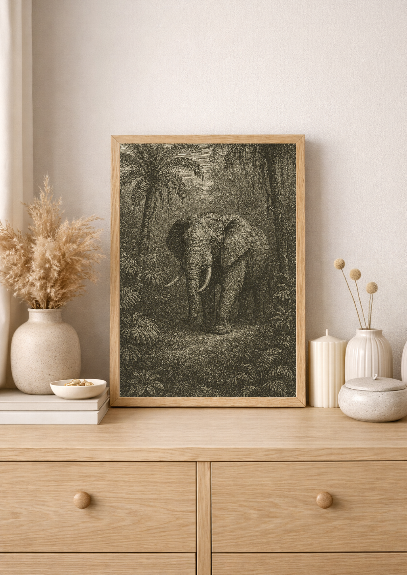 Affiche éléphant tropical style gravure ancienne – animal sauvage – jungle sauvage - forêt tropical