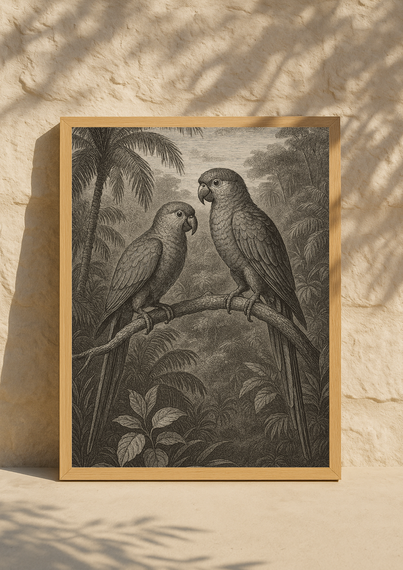 affiche oiseaux tropicaux style gravure ancienne – perroquets jungle - forêt tropical
