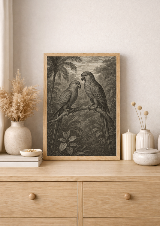 affiche oiseaux tropicaux style gravure ancienne – perroquets jungle - forêt tropical