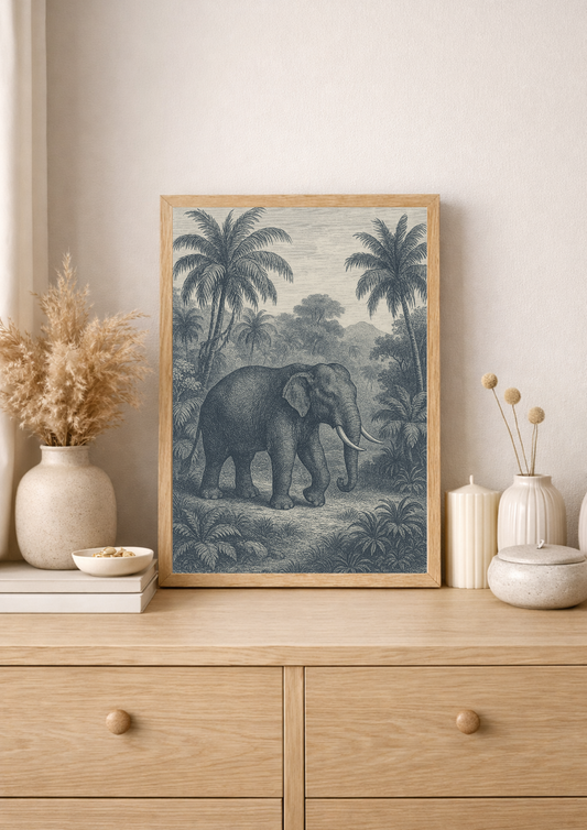 Affiche éléphant tropical style gravure ancienne – décoration murale safari – décoration murale tropical