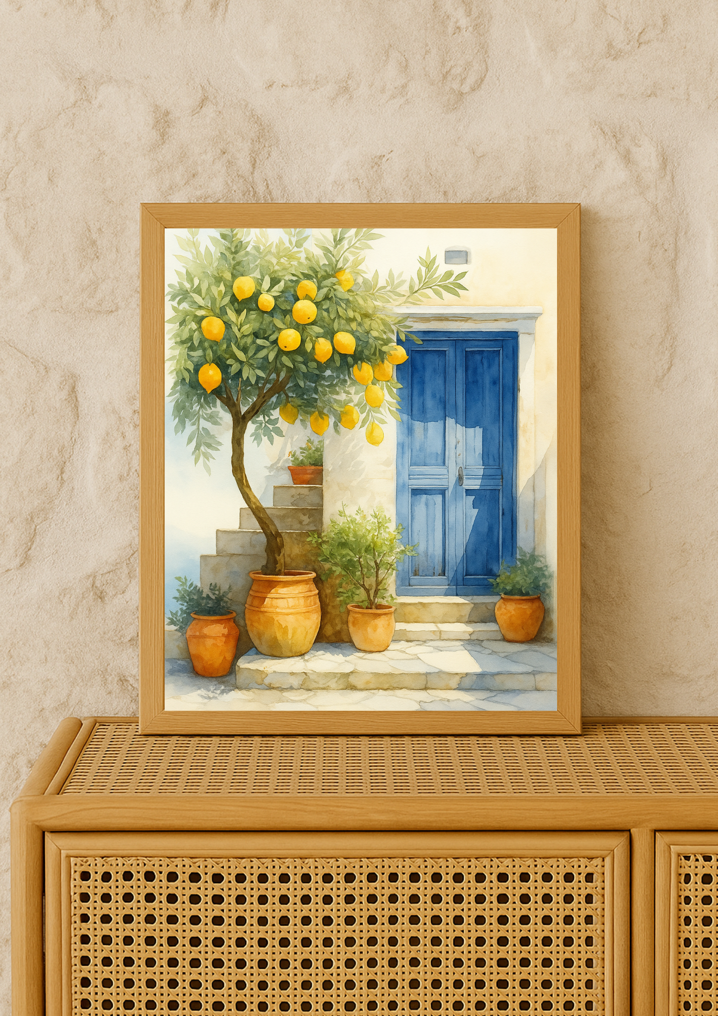 Affiche citronnier méditerranéen aquarelle – porte bleue et pots en terre cuite